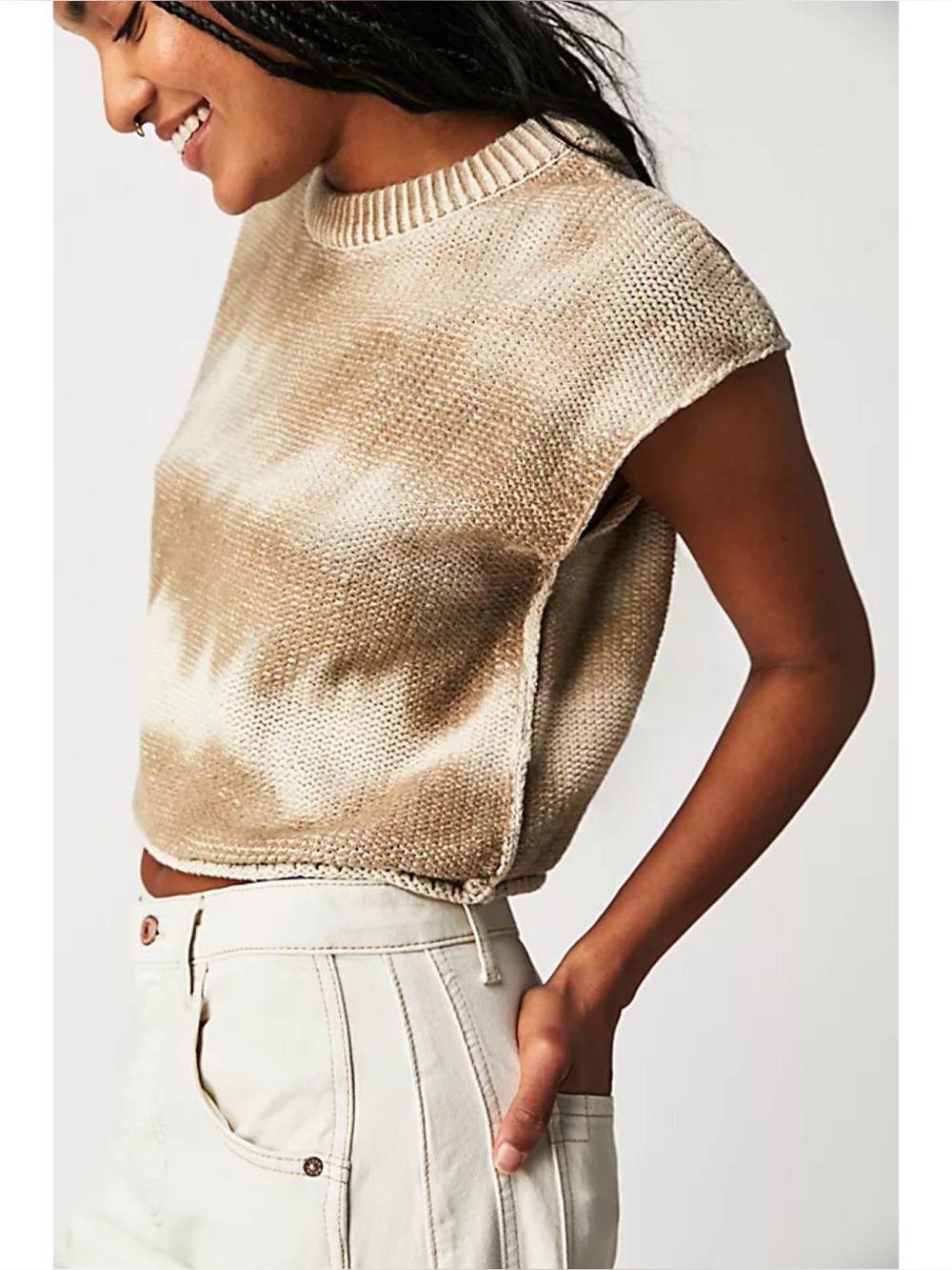 Free People Top Small Cropped Boxy Knit Layering Tie Dye Taupe Gray